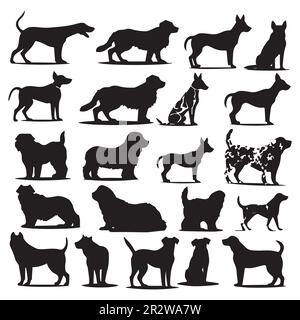 Una collezione di cani con vettori di silhouette di razze diverse. Illustrazione Vettoriale