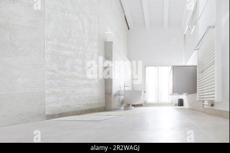 servizi igienici moderni arredati con piastrelle in marmo e ceramica grigia. Pareti, radiatore, ciotola, bidet e lavello di colore bianco. Sala luminosa illuminata da Foto Stock