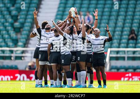 LONDRA, REGNO UNITO. 21st maggio 2023. La squadra delle Fiji prega durante le Fiji 7s vs Australia 7s - Serie mondiale di rugby Sevens HSBC da uomo al Twickenham Stadium domenica 21 maggio 2023. LONDRA INGHILTERRA. Credit: Taka G Wu/Alamy Live News Foto Stock