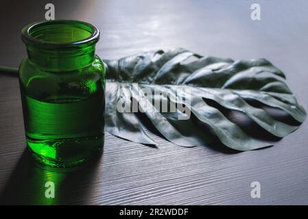 Foglia di Monstera su fondo nero con vaso verde. Concetto e minimalismo. Foto Stock