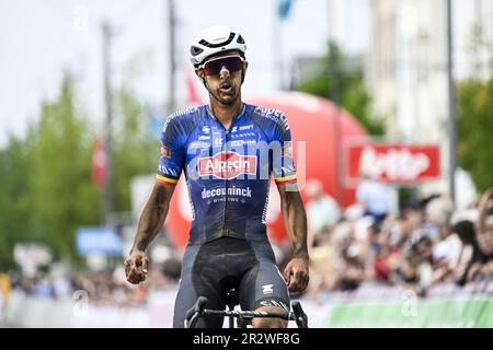 Anversa, Belgio. 21st maggio, 2023. Il belga Dries De Bondt di Alpecin-Deceuninck vince la gara ciclistica di un giorno 'Antwerp Port Epic' 'Schaal Sels' maschile, 192km ad Anversa e dintorni, quinta gara (5/10) alla Lotto Cycling Cup, domenica 21 maggio 2023. BELGA PHOTO TOM GOYVAERTS Credit: Agenzia Notizie Belga/Alamy Live News Foto Stock