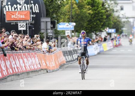 Anversa, Belgio. 21st maggio, 2023. Il belga Dries De Bondt di Alpecin-Deceuninck vince la gara ciclistica di un giorno 'Antwerp Port Epic' 'Schaal Sels' maschile, 192km ad Anversa e dintorni, quinta gara (5/10) alla Lotto Cycling Cup, domenica 21 maggio 2023. BELGA PHOTO TOM GOYVAERTS Credit: Agenzia Notizie Belga/Alamy Live News Foto Stock