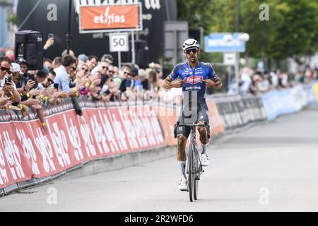 Anversa, Belgio. 21st maggio, 2023. Il belga Dries De Bondt di Alpecin-Deceuninck vince la gara ciclistica di un giorno 'Antwerp Port Epic' 'Schaal Sels' maschile, 192km ad Anversa e dintorni, quinta gara (5/10) alla Lotto Cycling Cup, domenica 21 maggio 2023. BELGA PHOTO TOM GOYVAERTS Credit: Agenzia Notizie Belga/Alamy Live News Foto Stock