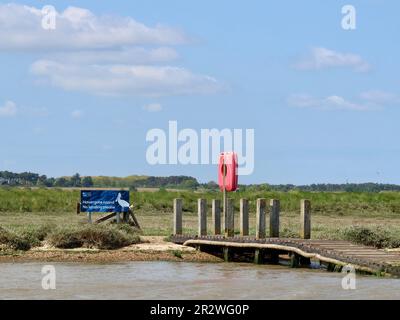 Orford, Suffolk - 21 Maggio 2023 : gita in barca sul fiume Alde da Orford Quay. Molo dell'isola di Havergate. Foto Stock