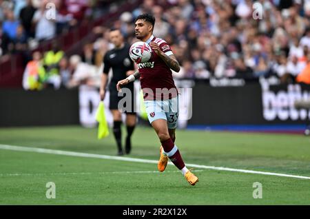 Londra, Regno Unito. 21st maggio, 2023. Emerson (West Ham) durante la partita della West Ham vs Leeds Premier League al London Stadium Stratford. Credit: MARTIN DALTON/Alamy Live News Foto Stock