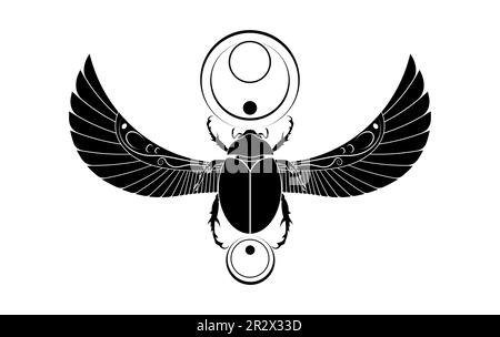 Parete sacra egiziana Scarab art design. scarabeo con ali. Illustrazione vettoriale logo nero, che personifica il dio Khepri. Simbolo dell'antico Egitto Illustrazione Vettoriale