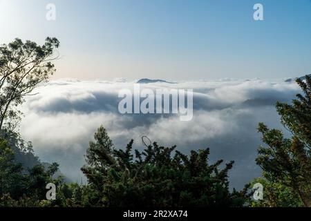 La luce del sole che tramonta illumina un paesaggio immerso nella nebbia e nelle nuvole, montagne e valli con la nebbia persistente, Madeira Foto Stock