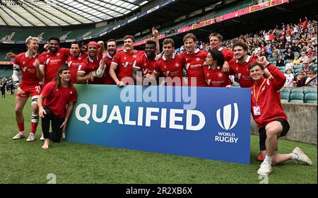 Londra, Regno Unito. . 21st maggio, 2023. 21st maggio 2023; Twickenham Stadium, Londra, Inghilterra: HSBC London Rugby Sevens; Canada festeggia le qualificazioni per la serie 2024 Sevens Credit: Action Plus Sports Images/Alamy Live News Foto Stock