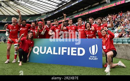 Londra, Regno Unito. . 21st maggio, 2023. 21st maggio 2023; Twickenham Stadium, Londra, Inghilterra: HSBC London Rugby Sevens; Canada festeggia le qualificazioni per la serie 2024 Sevens Credit: Action Plus Sports Images/Alamy Live News Foto Stock