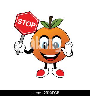 Arancio frutta Cartoon Mascotte tenendo in mano un segno di stop. Illustrazione per l'icona adesivo mascotte e logo Illustrazione Vettoriale