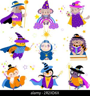 Piccoli animali stregoni, cartoni animati wizard animali. Personaggi isolati magici infantili. Halloween adorabili creature, fiaba grafica vettoriale Illustrazione Vettoriale