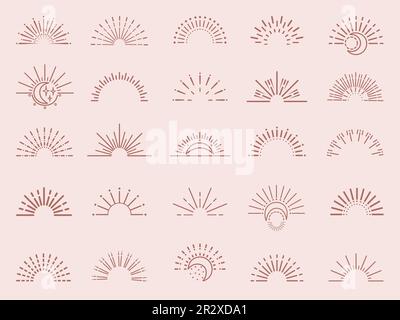 Logo Explosion Sunburst Rays, simboli di decorazione retro Sun boho. Emblemi degli zingari bohémien. Icone retrò astratte, set vettoriale neoterico al tramonto Illustrazione Vettoriale