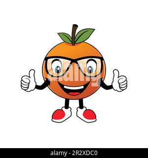 Mascotte cartoon frutta arancione sorridente con occhiali che danno le pollice in su. Illustrazione per l'icona dell'adesivo mascotte e logo Illustrazione Vettoriale