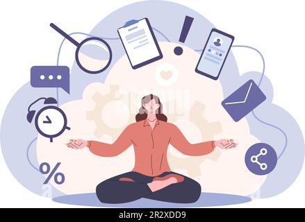 Donna multitasking meditando, duro lavoro manager mantenere la calma e l'equilibrio. Lavoro professionale, yoga per equilibrare la vita, carattere kicky vettoriale cartone animato Illustrazione Vettoriale