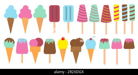 Un set di gelato multicolore su un bastone, in una tazza di waffle, rotondo, rettangolare, papsiclo, ghiaccio colorato congelato. Elementi di design del gelato dolce Illustrazione Vettoriale