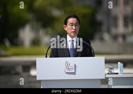 Hiroshima, Giappone. 21st maggio, 2023. Il primo ministro giapponese Fumio Kishida tiene una conferenza stampa alla conclusione del vertice dei leader del G7 al Memoriale della pace di Hiroshima, il 21 maggio 2023 a Hiroshima, in Giappone. Credit: Foto piscina/G7 Hiroshima/Alamy Live News Foto Stock