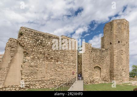 Facciata principale e torre delle rovine del circo romano (Circ Roma) nel centro storico di Tarragona, Catalogna, Spagna, Europa Foto Stock