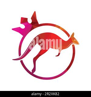 Kangaroo jumping logo modello vettoriale illustrazione all'interno di una forma o re icona anello silhouette. Illustrazione Vettoriale