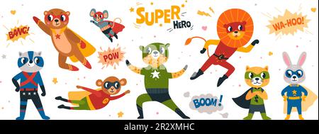 Carino cartone animato bambino supereroi animali, bambino eroe ticker. Animale isolato in maschera, creature forti e di potere. Set vettoriale supereroi di classe Illustrazione Vettoriale