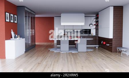 Vista su una cucina moderna arredamento interno. Piano cottura e mobili con tavolo e sedie. Architettura d'interni, progetto per una cucina moderna Foto Stock