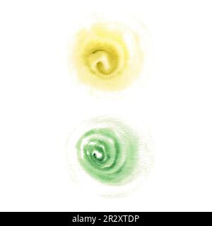 Spruzzi di oliva a spirale e di acquerello verde. Illustrazione disegnata a mano isolata su sfondo bianco. Struttura astratta, decorazione o elemento di design. Foto Stock