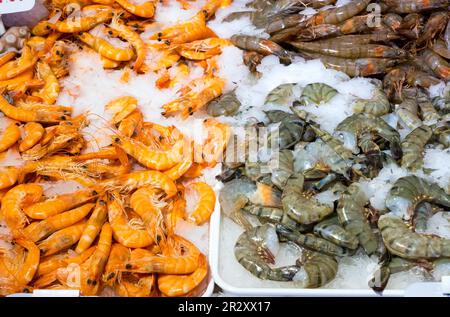 Diversi tipi di gamberetti in un unico mercato Foto Stock