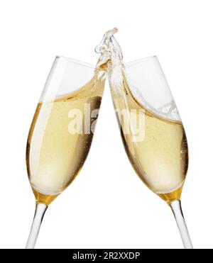 Brinda di flute di champagne. Isolato su sfondo bianco Foto Stock