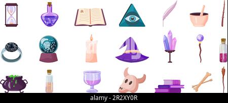 Wizard tools icons set cartoon vector. Magic wand Illustrazione Vettoriale