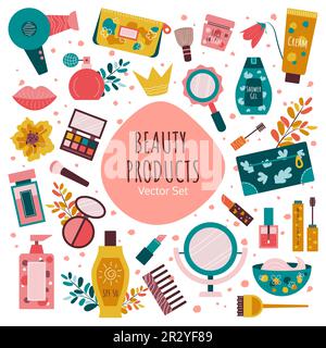 Set vettoriale disegnato a mano di prodotti cosmetici di bellezza Illustrazione Vettoriale