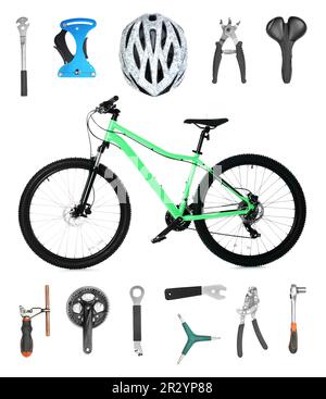 Bicicletta moderna, i suoi dettagli e strumenti per la riparazione su sfondo bianco, collage Foto Stock