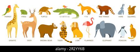 Animale con titoli cartoni animati. Alfabeto per bambini, illustrazione didattica. Pappagallo lepre, scoiattolo, giraffa. Pinguino dell'orso di Panda. Personaggi per la carta bambino. Collezione Cat Fox leone Tiger design Illustrazione Vettoriale
