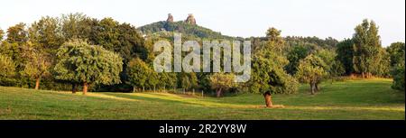 Rovine del castello di Trosky, due torri chiamate pana e baba, Paradiso ceco, Boemia, Repubblica Ceca Foto Stock