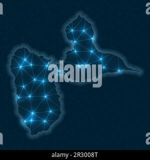 Mappa della rete grande-Terre. Mappa geometrica astratta dell'isola. Progettazione di connessioni digitali e telecomunicazioni. Rete Internet luminosa. Illustrazione Vettoriale