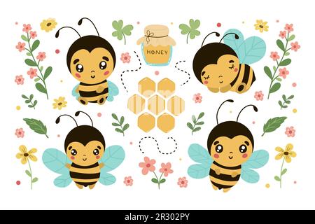Api divertenti con fiori e molto altro. Personaggi ingenui del vettore in stile cartoon scandinavo disegnato a mano. Caratteri isolati su sfondo bianco Illustrazione Vettoriale