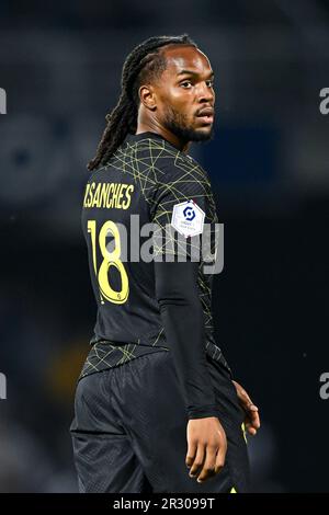 Parigi, Francia. 21st maggio, 2023. Renato Junior Luz Sanches durante la partita di calcio Ligue 1 tra AJ Auxerre (Aja) e Paris Saint Germain (PSG) il 21 maggio 2023 allo Stade Abbe Deschamps di Auxerre, Francia. Credit: Victor Joly/Alamy Live News Foto Stock