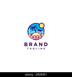 Tramonto sulla spiaggia Logo Design. Design con logo minimalista con un tramonto sulla spiaggia in allegri colori pastello in cerchio. Illustrazione Vettoriale