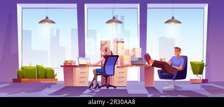 Impiegati diligenti di sesso femminile e pigro di sesso maschile. Illustrazione vettoriale dei cartoni animati di una donna che lavora al computer, un uomo irresponsabile che beve caffè alla scrivania con pile di documenti cartacei. Problema di gestione del tempo Illustrazione Vettoriale