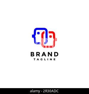 Logo Connected con due testine. Design semplice di due codici simbolo della testa umana collegati. Illustrazione Vettoriale