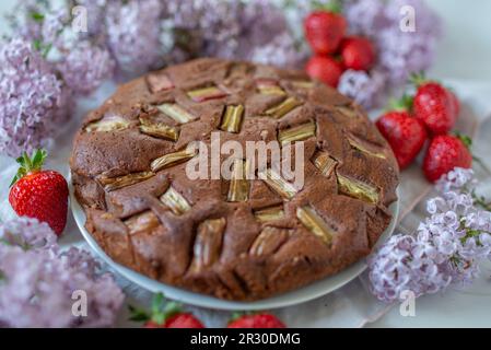 torta di rabarbaro al cioccolato fatta in casa su un tavolo Foto Stock