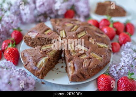 torta di rabarbaro al cioccolato fatta in casa su un tavolo Foto Stock