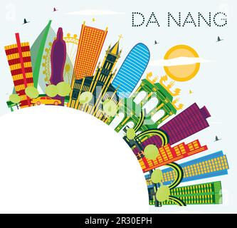 Da Nang Vietnam City Skyline con edifici a colori, Blue Sky e Copy Space. Illustrazione vettoriale. Illustrazione Vettoriale