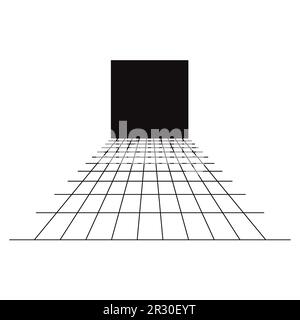 Cyber grid, tunnel rettangolare retrò punk in prospettiva. Geometria del tunnel della griglia su sfondo nero. Illustrazione vettoriale Illustrazione Vettoriale