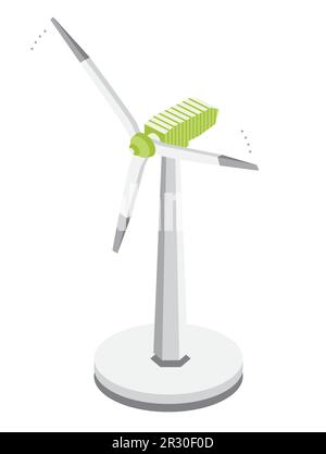 Centrale eolico isometrica isolata su sfondo bianco. Illustrazione vettoriale. Le turbine eoliche generano energia pulita. Elemento infografico. Illustrazione Vettoriale