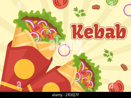 Kebab Vector Illustration con ripieno di pollo o carne di manzo, insalata e verdure in pane tortilla Wrap in Cartoon piatto modelli disegnati a mano Illustrazione Vettoriale