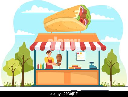 Kebab Vector Illustration con ripieno di pollo o carne di manzo, insalata e verdure in pane tortilla Wrap in Cartoon piatto modelli disegnati a mano Illustrazione Vettoriale