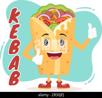 Kebab Vector Illustration con ripieno di pollo o carne di manzo, insalata e verdure in pane tortilla Wrap in Cartoon piatto modelli disegnati a mano Illustrazione Vettoriale