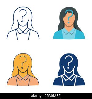 Icona donna sconosciuta impostata in stile piatto e di linea. Simbolo persona non identificata. Donna anonima con punto interrogativo. Illustrazione vettoriale. Illustrazione Vettoriale