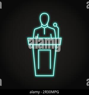 Icona a forma di neon per diffusori pubblici in stile linea. Simbolo del docente. Oratore che parla da tribune. Illustrazione vettoriale. Illustrazione Vettoriale