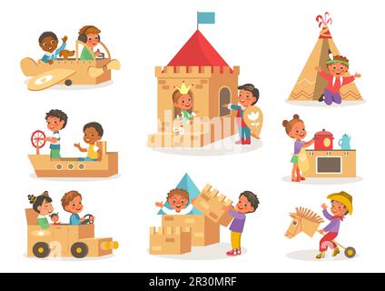 Giochi di cartone per bambini. I bambini giocano con le scatole. Teepee in cartone e aereo. Giocattoli fatti in casa. Sviluppo dell'immaginazione. Parco giochi castello di carta e auto Illustrazione Vettoriale