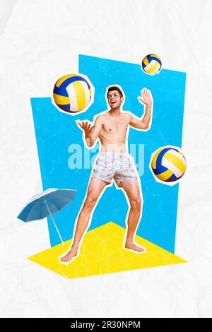 Poster illustrazione creativa pop pinup schizzo immagine collage di allegro pazzo sportivo ragazzo giocare a pallavolo su sfondo disegno Foto Stock
